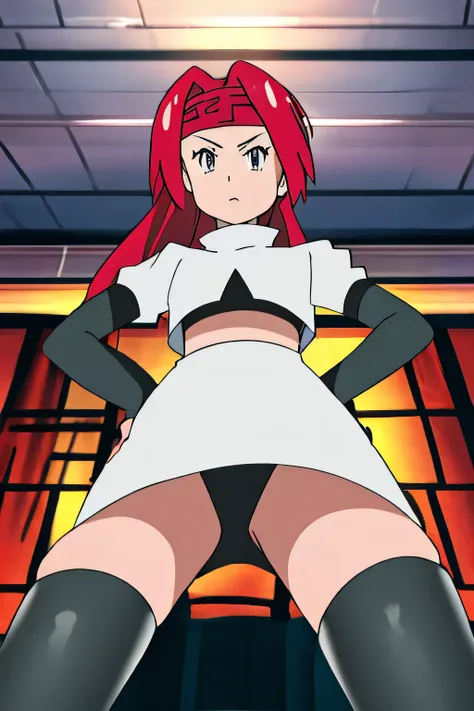 masterpiece,best quality,high res,high quality,Jessie Rasberry,headband,8k, masterpiece,highres, team rocket uniform, red letter r, white skirt,white crop top,black thigh-high boots, black elbow gloves, glaring angrily, looking down at viewer, hands on hip...