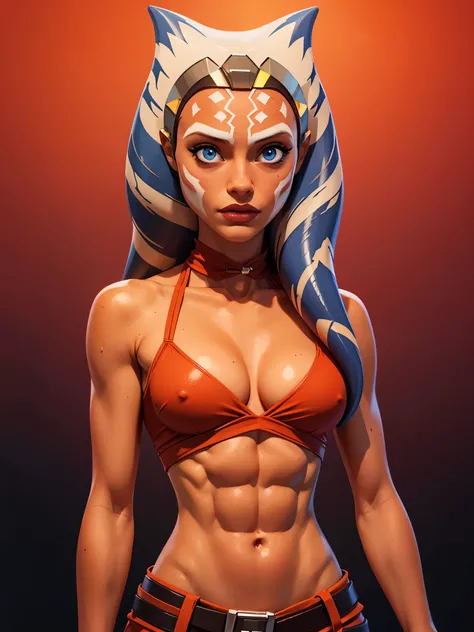 one girl, ahsoka tano, bust, (abs, slender body:1.2), solo, upper body, blue eyes, orange skin, (small breasts, tiny breasts, male chest, cleavage:1.3), bare shoulders, masterpiece, highly detailed, look at viewer, shiny blured orange background, gradient ...