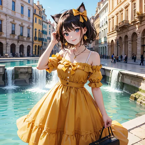 Cat with ochre ribbon、Hair ochre、ocher eyes、Ocher clothes、smile、trip、suitcase,Trevi Fountain