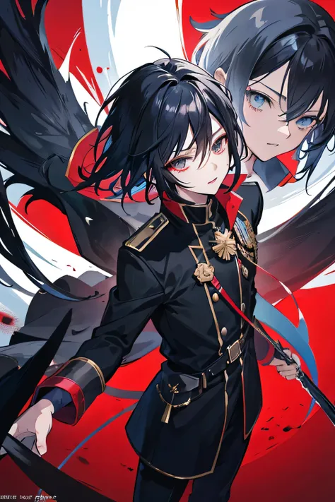 anime boy dies, shadow young wizard, Epic anime style, , anime key art, conjunctivitis, black hair, chief&#39;uniform,death, bleeding, death