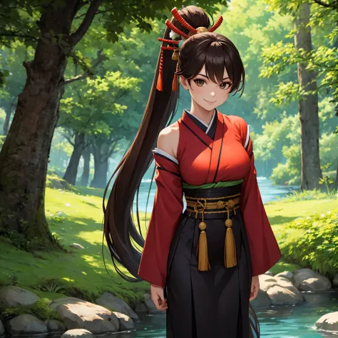 a woman wearing traditional samurai uniform, long brown hair, ponytail hair, long black skirt, in a japanese themed forest, with...