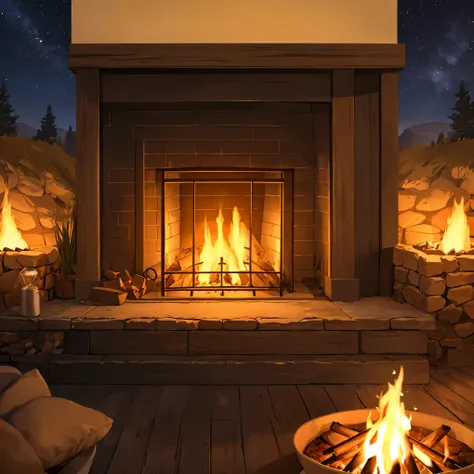 (best quality,4k,8k,highres,masterpiece:1.2),ultra-detailed,realistic,photorealistic:1.37,warm campfire night scene,crackling wood fire,people gathered around,cozy atmosphere,sparkling firelight,night sky full of stars,portraits,painting,horror,realistic c...