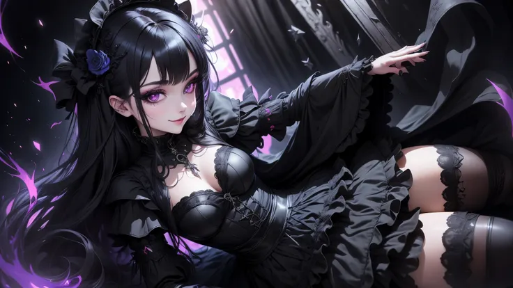 Gothic girl guitarist、Rock show、dark black eyeshadow、Good skin glow、Dark Goth、dark smile、fragrant beauty、22 years old、intense sexual pleasure expression、obscene expression、highest quality、mysterious、noble、super sexy、smile loving、double-tailed hair、black ru...