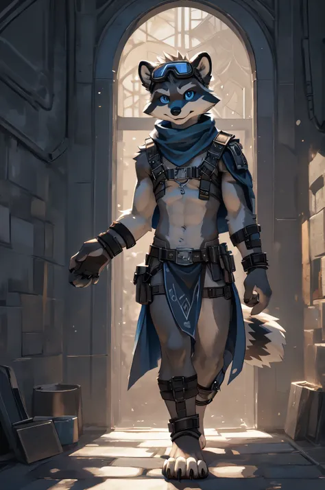 Solo, teenage Furry, teen, raccoon, grey body, brown spiked ponytail, long blue scarf, leather_harness, black_loincloth, goggles, masterpiece, gray body, blue eyes, detailed eyes, No muscles, claws, Flat body, Skinny, Detailed paws, metal cuffs on wrists, ...