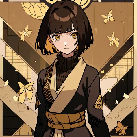 1girl, brown hair, gold inner color, bob style haircut, gold eyes, tall, bug breasts, Wears black shinobi outfit with subtle bee-themed accents, like small embroidered bees on the cuffs or a honeycomb patterned scarf