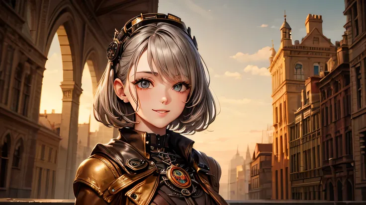 1 woman
20 years old
Gray hair
Very short hair
Smile
Perfect and detailed facial description
Perfect and detailed hair description
Steampunk fashion
Goggles
Overall sepia color