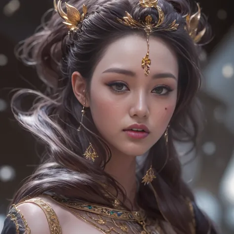 32K（tmasterpiece，k hd，hyper HD，32K）Short burgundy hair，Gold jewelry area in the back room，Flame Girl ，Yao Lang protector （realisticlying：1.4），Python pattern robe，Purple-pink tiara，Snowflakes fluttering，The background is pure，Hold your head high，Be proud，Th...