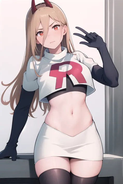 (masterpiece, best quality:1.2), solo, 1girl, power (csm), cross-shaped pupils, team rocket,team rocket uniform,white skirt,red letter R,crop top,black thigh-highs,black elbow gloves