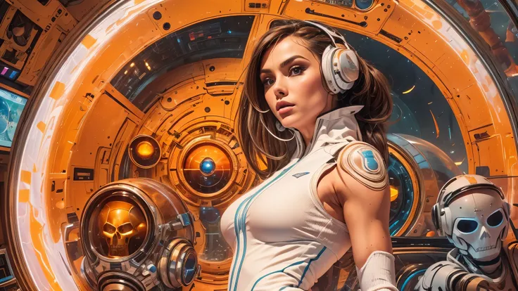 arafed image of a white woman in a futuristic suit with a spaceship in the background, movie art, in front of an orange background, inspired by Robert McGinnis, female protagonist, megastructure in the background, portrait of an ai astronaut, astronauts, a...