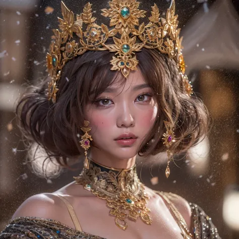 32K（tmasterpiece，k hd，hyper HD，32K）Short burgundy hair，Gold jewelry area in the back room，Flame Girl ，Yao Lang protector （realisticlying：1.4），Python pattern robe，Purple-pink tiara，Snowflakes fluttering，The background is pure，Hold your head high，Be proud，Th...