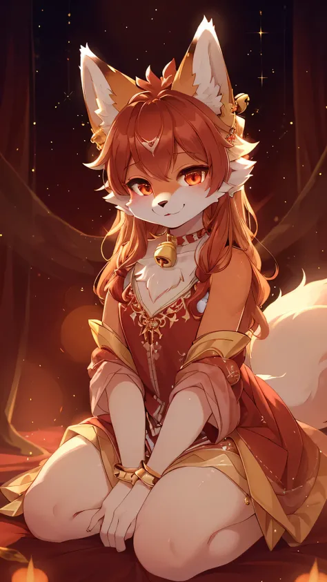 (best quality,4K,high resolution),Fluffy,White fur,Cute face,Red accents on fur,Chest,Beautiful Lights,Ambient Light,Extremely fine fur,Volumetric Lighting,fox,Kneeling,Smile,Watching you,fox nose，Sparkles on clothes,flame，Bell on head