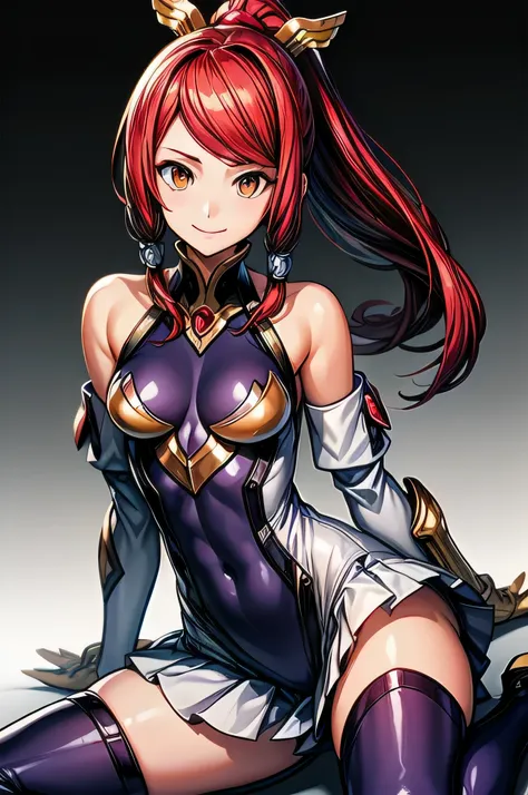 izayoi (blazblue), orange eyes, red hair, ponytail, long hair, small breasts, armor, bodysuit, boots, skin tight, skirt, thigh b...