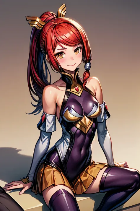 izayoi (blazblue), orange eyes, red hair, ponytail, long hair, small breasts, armor, bodysuit, boots, skin tight, skirt, thigh b...