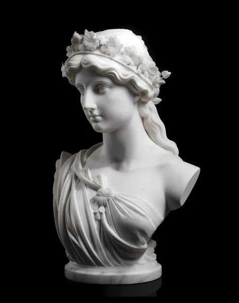 un primer plano de un busto de una mujer con una cabeza floreada, Escultura griega de retrato de la divinidad, classical marble sculpture, inspirado por Antonio Canova, Persephone Sculpture, Marble bust, neoclassical portrait, classical sculpture, Classica...