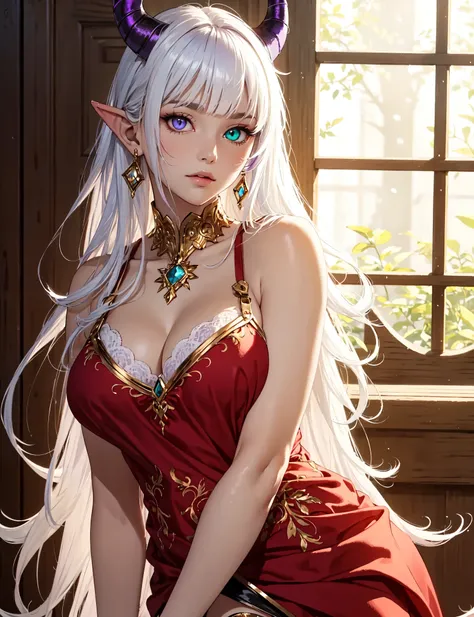 best quality, Artwork, high resolution, (exquisite body: 1.5), beautiful face, (milky skin: 1.3), wallpaper, 4k, official art, splash art, sharp focus, 1 adult woman, alone, perfect body, pale and delicate skin, medium breasts, big eyes, (((heterochromia))...