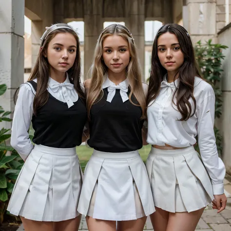 2 girls in, two girls, facing each other in a courtyard, high school uniforms, (all girls have the same uniform: 1.8), (one girl has blonde hair & another has black hair: 1.1),  (white skirt: 2), (black skirt: 1.3), (white blouse: 1.25), gray vest, white b...