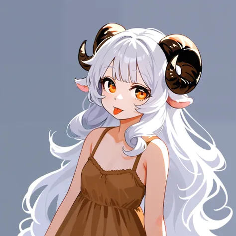 1girl, solo, portrait, young monstergirl, curled horns, sheep horns, sheep ears, white hair, long hair, messy hair, long bangs, ...