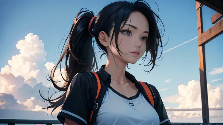 Super high resolution, (((1.6 from the bottom)))Japanese, 1 woman around 20 years old, black hair, headphones, ponytail, beautiful face, detailed face, detailed eyes, realistic eyes, fine skin, real skin, Smile, messy hair, messy hair, thin, beautiful body...