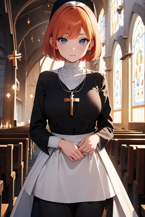 Ginger hair, short hair, straight bangs, nun uniform, woman, illustrations, high-quality, ultra-detailed, realistic, vivid colors, portraits, warm tones, soft lighting. ((Necklace with a cross)). Woman. Full body (Church) (Dinamyc poses) ((Different perspe...