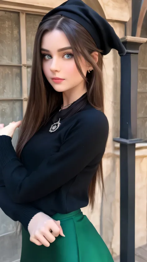 Beautiful girl, brunette girl, Slytherin girl, hogwarts, harry potter world, beautiful witch, Slytherin house, standing outside, shy face, 18 year old, blushing, make up, eye makeup, hyper realistic, realistic girl, wearing black skirt leggings and a black...