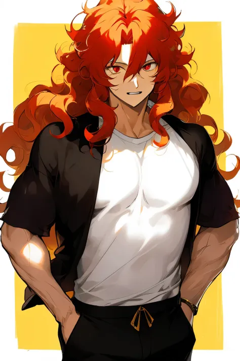 anime, boy, gold hair, medium hair, red eyes, stylish tshirt, black pants, straight royalty hair,curly hair