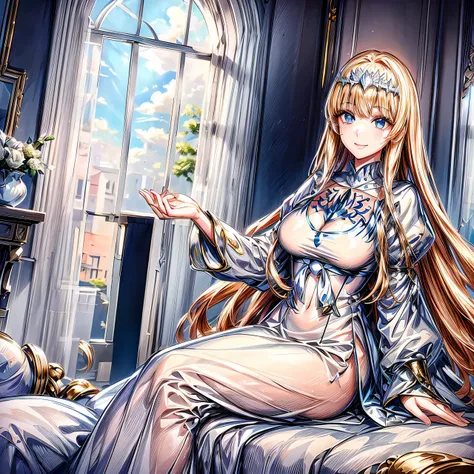 (A beautiful anime girl, sitting gracefully. radiating elegance and charm. Her smile brightens up the room, complementing her fair and flawless complexion.),  1girl,solo, Calca, Calca Bessarez, blonde hair, extremely long hair, very long hair, white tiara,...