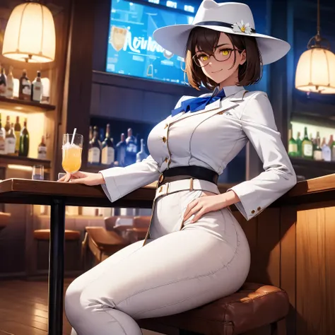 a woman wearing a white suit, white pants, blue shirt, white women's shoes, white cowboy hat, sunglasses, short brown hair, smil...