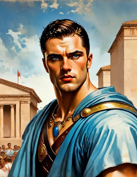 chiaroscuro technique on impressionist illustration of an masculine, 50s male model, handsome Roman, he is the god of war, he is Ares, Mars, evil-color, strong look, light blue eyes, strong jawline, dressed as a gladiator, ancient gladiator, male gladiator...