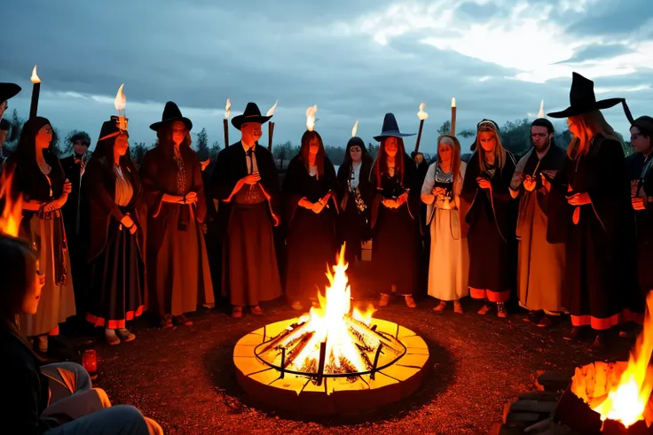 people standing around a fire pit with people holding hands, people facing fire circle, dancing around a fire, solstice fire, summoning circle, bonfire, surrounded with fire, ritual occult gathering, scary horrifying satanic rituals, amazing fire art, witc...