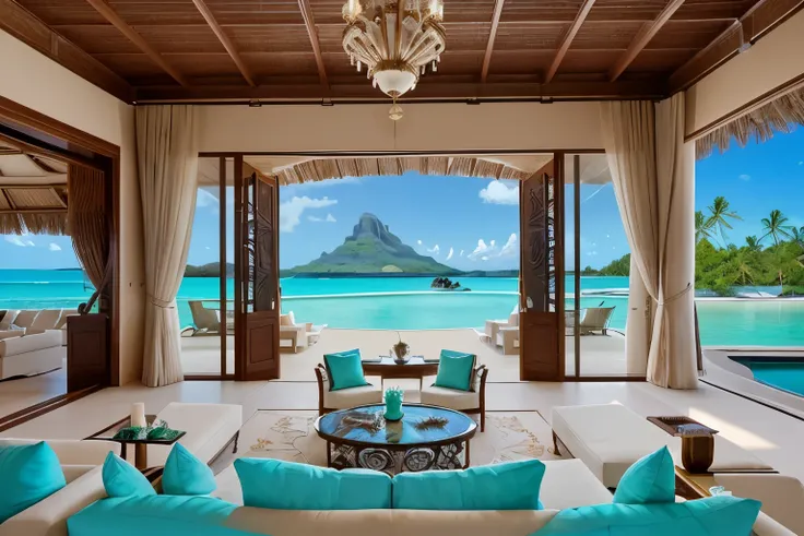 A sumptuously decadent villa on the shores of Bora Bora, French Polynesia, beckons with luxurious allure. The sleek, modern architecture melds seamlessly with the azure waters of the lagoon, creating a harmonious oasis of opulence. This breathtaking photog...