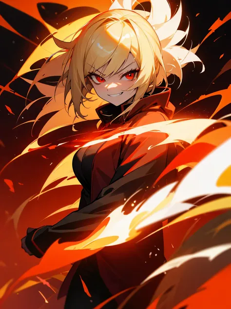 1girl, wolf cut blonde hair, red eyes, wearing blaze assassin cloth, night fire background, absurdres, high res, ultrasharp, 8K, masterpiece, looking at viewer, smirking