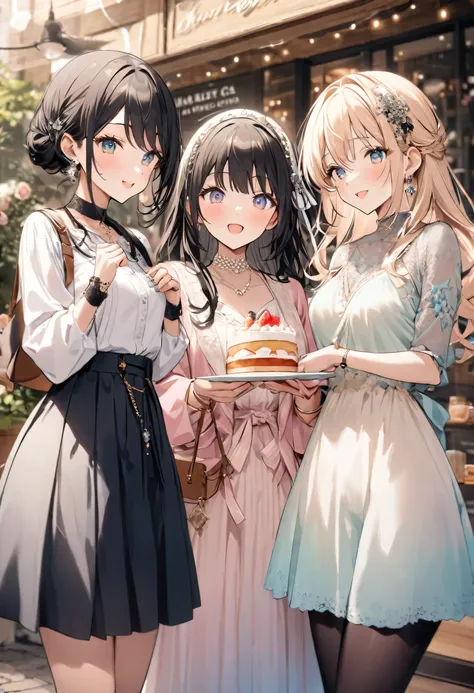 highest quality、High resolution、Detailed Background、Detailed beautiful face、Anatomically correct、Teenage beauty、Perfect body line、Black Hair、Long Hair、
Happy expression、Calm atmosphere、Tea time at a cute cafe、Have a good time、(Three women chatting in a cut...