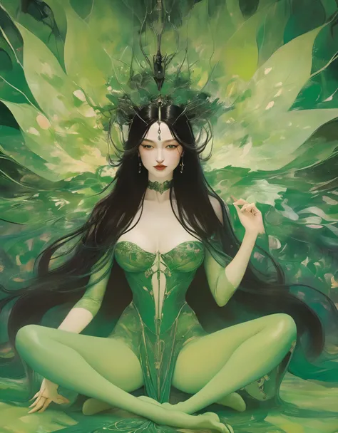 A provocative painting portraying a sultry lady from hell in a captivating green-themed scene, embodying the allure and power of Hela,lotus pose, in an epic split-screen composition that heightens the theatricality and mystique of her character. The green ...