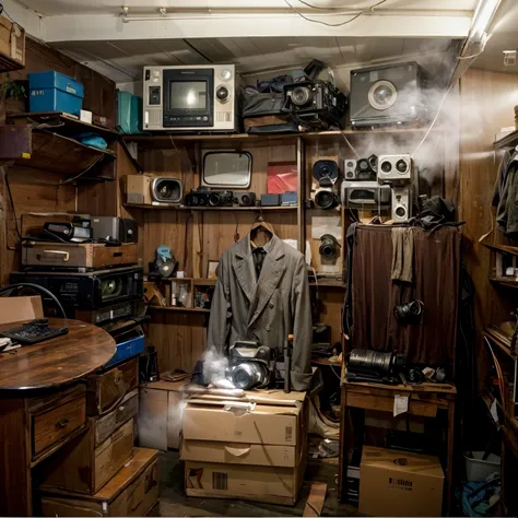 1950's A dusty storage room,Various shooting equipment are neatly placed in the room(1950s camera、video recorder),There are boxes all over the floor(Some are filled with clothes、document、camera、book),Looks like it's been taken care of carefully,Now...
