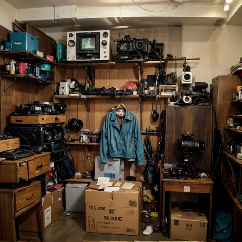 1950's A dusty storage room,Various shooting equipment are neatly placed in the room(1950s camera、video recorder),There are boxes all over the floor(Some are filled with clothes、document、camera、book),Looks like it's been taken care of carefully,Now...