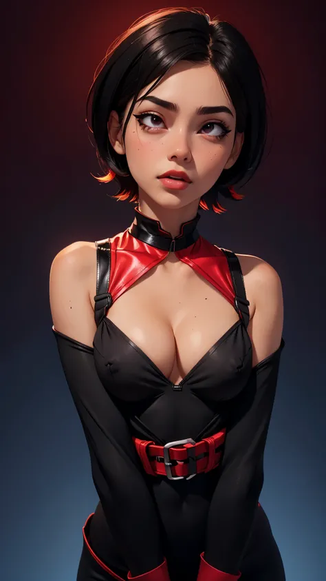 one asian girl, ada wong, solo, abs, slender body, (upper body, bust:1.2), black eyes, black hair, (red clothes, tiny breasts, small breasts, male chest, cleavage, exposed breasts, deep cleavage:1.5), bare shoulders, belts, shoulder-belts, masterpiece, hig...