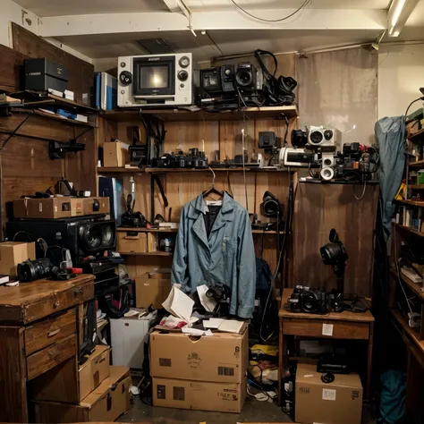 1950&#39;s A dark and dusty storage room，Various shooting equipment are neatly placed in the room(1950s camera、video recorder)，There are boxes all over the floor（Some are filled with documents、camera、book），Looks like it&#39;s been taken care of carefully，N...