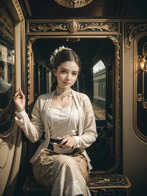 ((Woman Portrait)), ((Belle Epoque)), High-class Lady,( Victorian Fashion Style),(( Color Photo)), ( London), ((Train Station)), British Style, Nobleman, Elegantism, scene of opulence((Warm and Cozy Train Station in London)) (((distortion light from a wind...