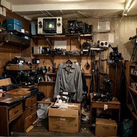 1950's A dark and dusty storage room,Various shooting equipment are neatly placed in the room(1950s camera、video recorder),There are boxes all over the floor(Some are filled with documents、camera、book),Looks like it's been taken care of carefully,N...