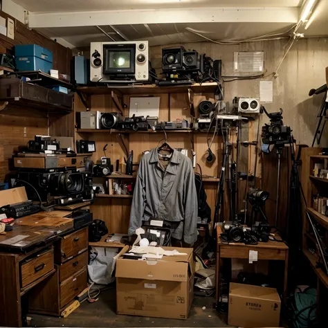 1950's A dark and dusty storage room,Various shooting equipment are neatly placed in the room(1950s camera、video recorder),There are boxes all over the floor(Some are filled with documents、camera、book),Looks like it's been taken care of carefully,N...
