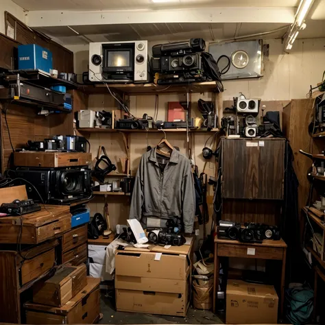 1950's A dark and dusty storage room,Various shooting equipment are neatly placed in the room(1950s camera、video recorder),There are boxes all over the floor(Some are filled with documents、camera、book),Looks like it's been taken care of carefully,N...