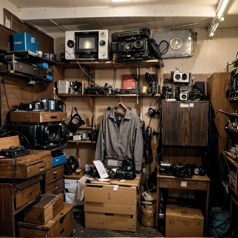 1950's A dark and dusty storage room,Various shooting equipment are neatly placed in the room(1950s camera、video recorder),There are boxes all over the floor(Some are filled with documents、camera、book),Looks like it's been taken care of carefully,N...