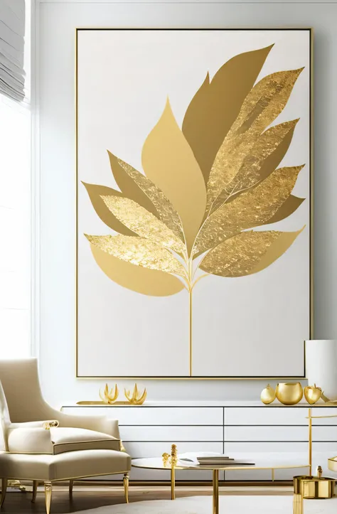 There is a photo of the living room，There is a sofa and a painting, Canvas Art Prints, Gold Leaf, gold leaf painting, gold leaf art, touch of gold leaf, Rich texture ), The paintings are elegant and delicate, gold leaf, golden feathers, High quality 16k di...