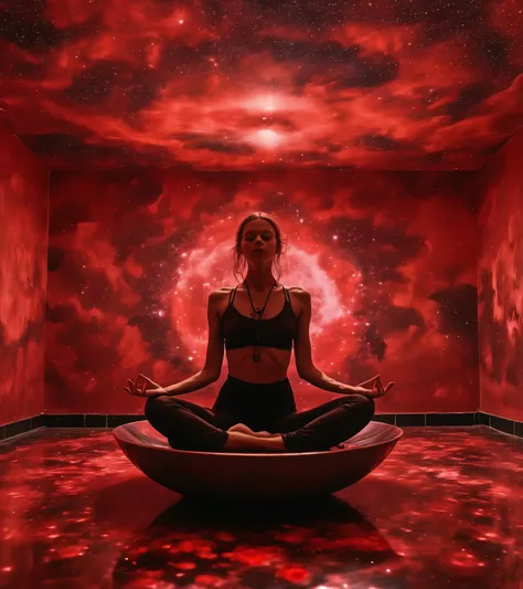 fullbody photography of lotus pose girl，solo，girl in a huge bowl，strange schizophrenic imagery fills the room, showing an eerie ...