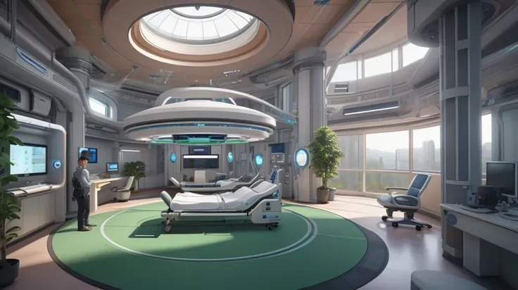 Future sci-fi hospital interior，（（Very sci-fi technology））Hospital Ward，Chamfers everywhere，There are three doctors standing in the ward，High-tech electronic bed facilities，2 beds，2 patients in bed、Electronic technology，white walls，White device，Orange gene...