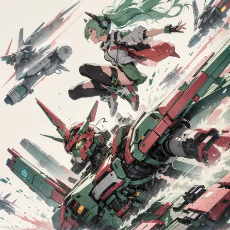 a Sci-Fi anime style illustration of a girl with pastel green hair in mid-air action, with robots and mechas around her. The scene captures high-energy motion, with the girl and robots engaging in an aerial battle or performance, depicted with vivid brushw...