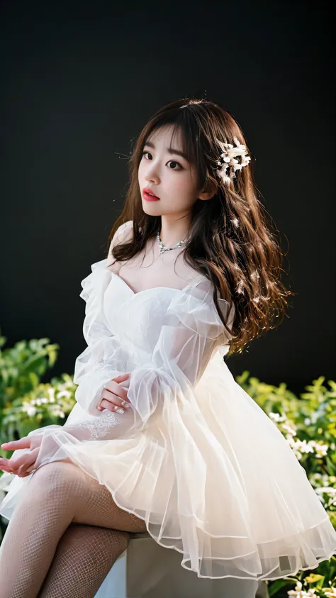 there is a woman sitting on a white box with a flower in her hand, wearing organza gown, captured on canon eos r 6, fantasy photoshoot, inspired by Huang Ji, shot on canon eos r5, shot on canon eos r 5, ethereal and dreamy, a beautiful woman in white, sha ...