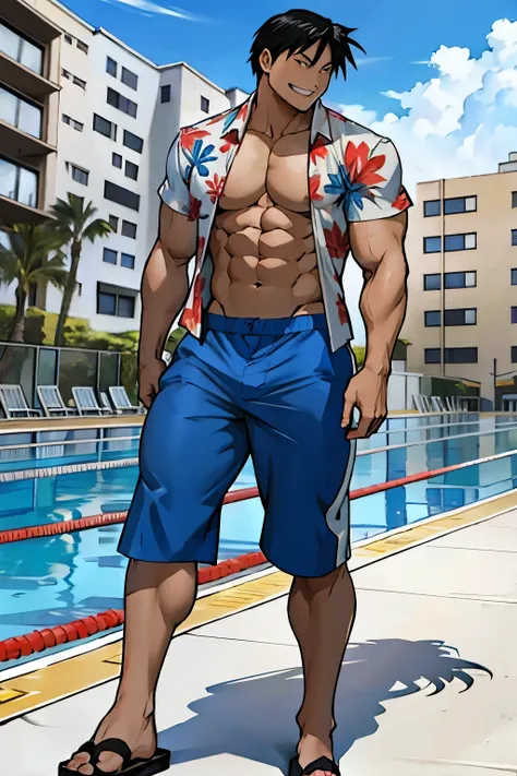 Roy Mustang from Full Metal Alchemist, wearing underpants and hawaiian shirt, smug smile, bodybuilder, defined body, posing, shirtless, abs, big legs, walking around the pool