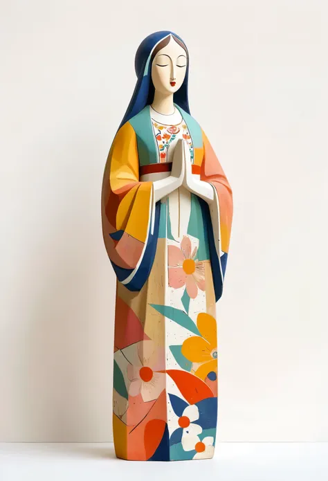 colorful statue of the virgin mary，painted in earthy tones, rough texture，stale，wearing a floral dress, white background, john k...