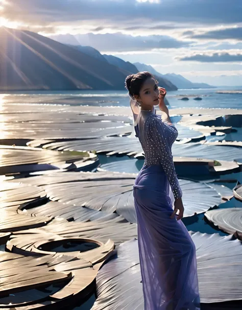 arav woman in purple dress posing for photo，petal，minimalist attention，sea view，